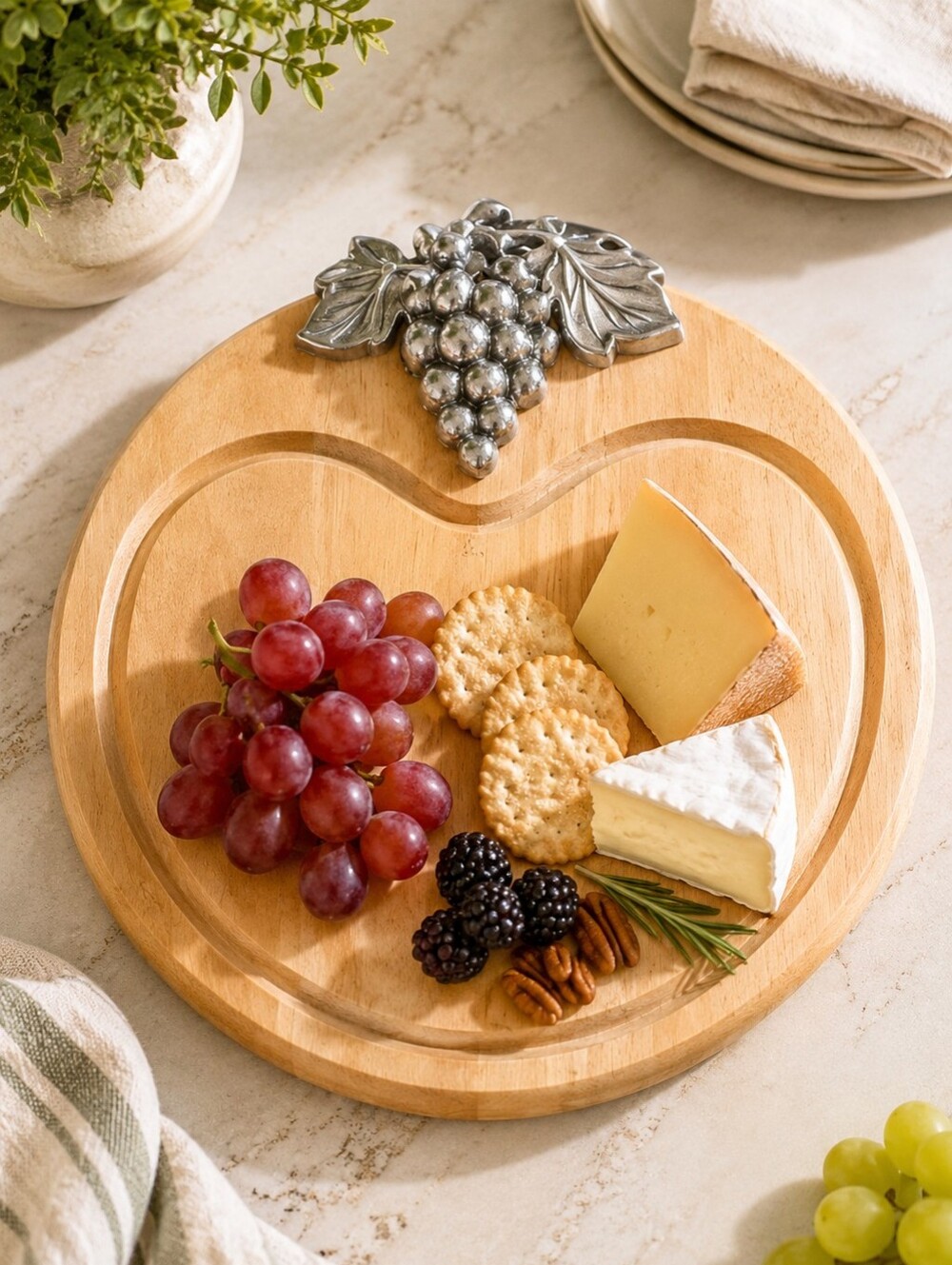 Wooden Serving Cheese Fruit Tray w/ Metal Grapes Accent | Rustic Kitchen Decor